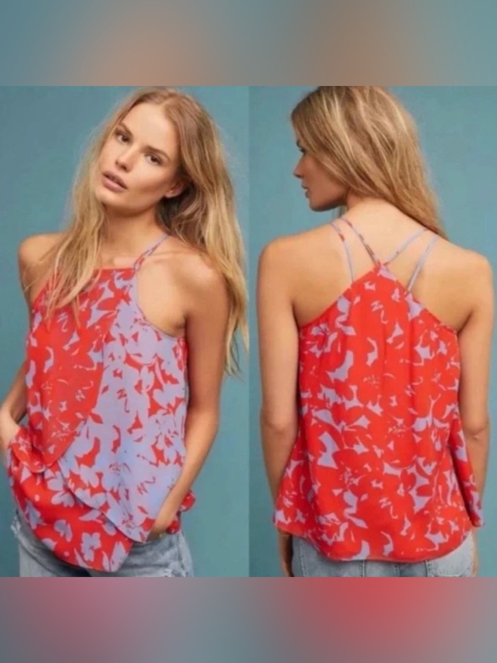 Anthropologie Red & Lavender Floral Strappy Camisole